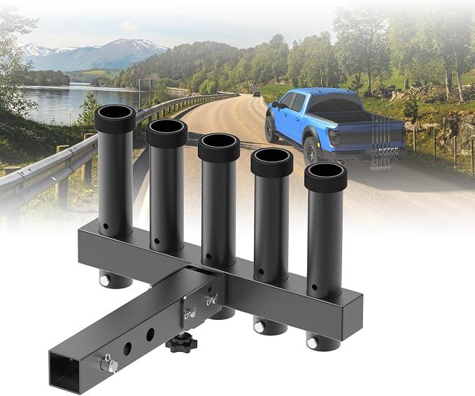 Hitch Mount Fishing Rod Holder, Fishing Pole Rack for Truck with 5-Rod Tubes, Adjustable for 2" Hitch Receivers & Easy to Use with Quick Release Pin