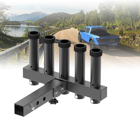 Hitch Mount Fishing Rod Holder, Fishing Pole Rack for Truck with 5-Rod Tubes, Adjustable for 2" Hitch Receivers & Easy to Use with Quick Release Pin