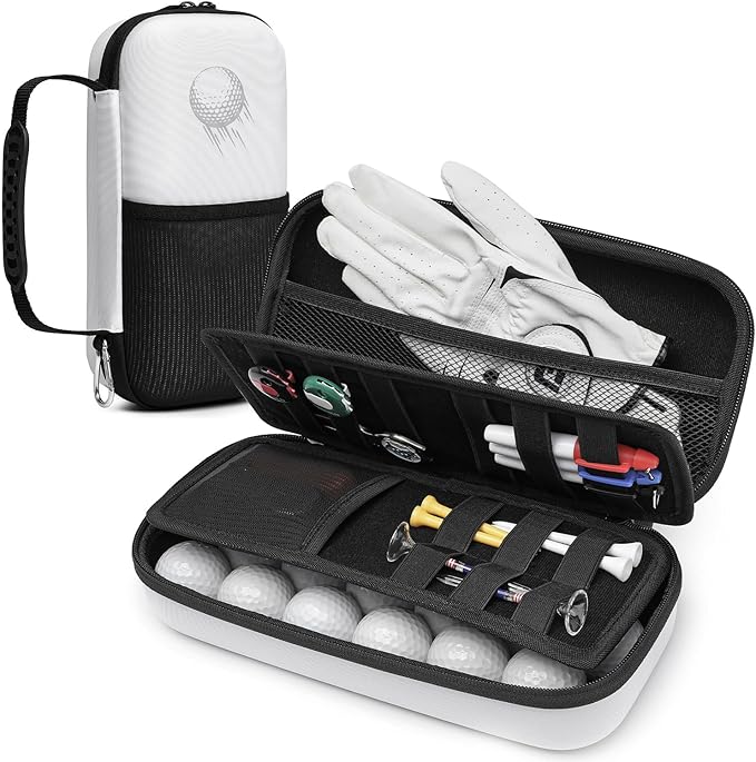 Golf Glove Holder Case with Glove Shaper - Protective Hard Shell Golf Accessories Case Bag with 2 Dividers Fits Balls, Tees, Markers - Ideal Gift