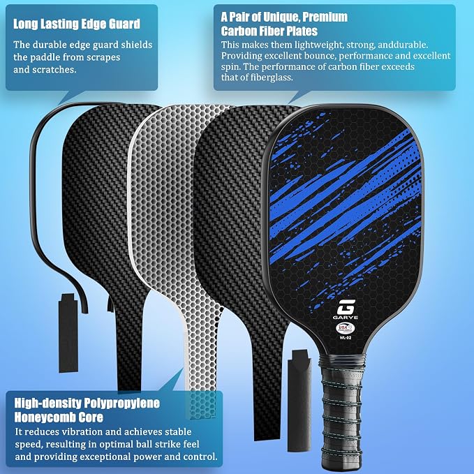 GARYE Pickleball Paddles Set of 2 or 4, USAPA Approved Carbon Fiber Pickleball Set, Lightweight Pickle Ball Rackets 2 Pack with 6 Balls, 1 Bag, Pair of Grip Tapes, Pickle Ball Paddle for Men and Women