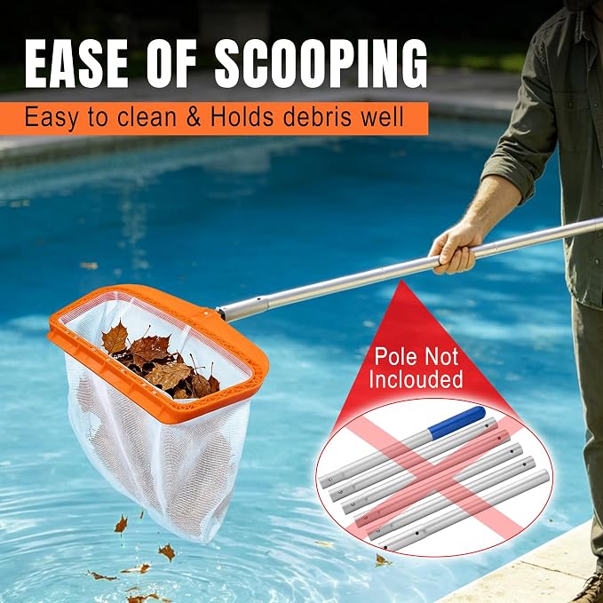 Pool Skimmer Net, Heavy Duty Swimming Pool Leaf Rake, Orange Plastic Frame with Large Capacity Nylon Mesh Bag for In-Ground & Above Ground Pool, Spa, Hot Tub Debris Removal (Pole Not Included)