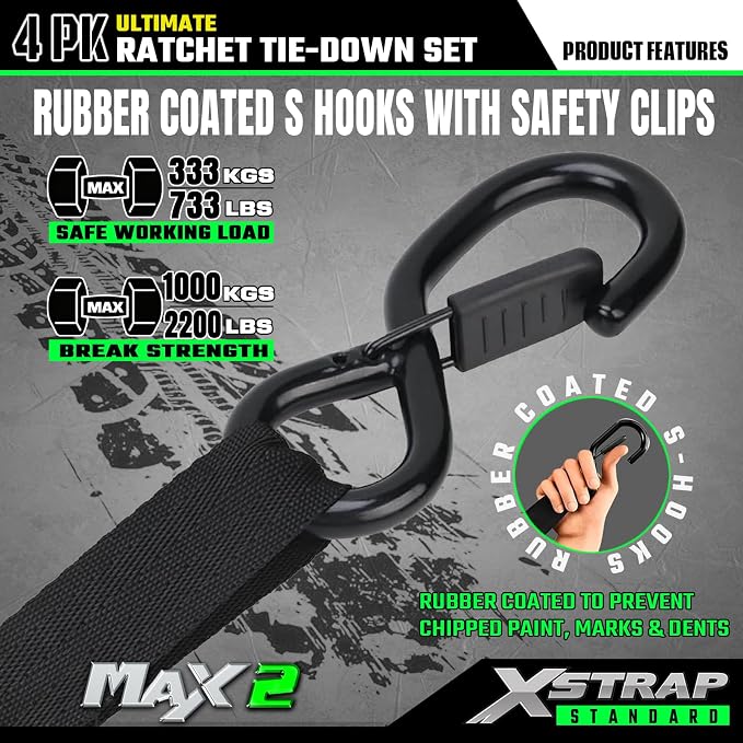 XSTRAP STANDARD 4PK Motorcycle Ratchet Straps, 1" x 15ft, 2,200 lbs Break Strength Tie Down Straps with Safety Lock S-Hooks, Soft Loop Straps and Stickers for Trucks, Cargo, Moving (Black)