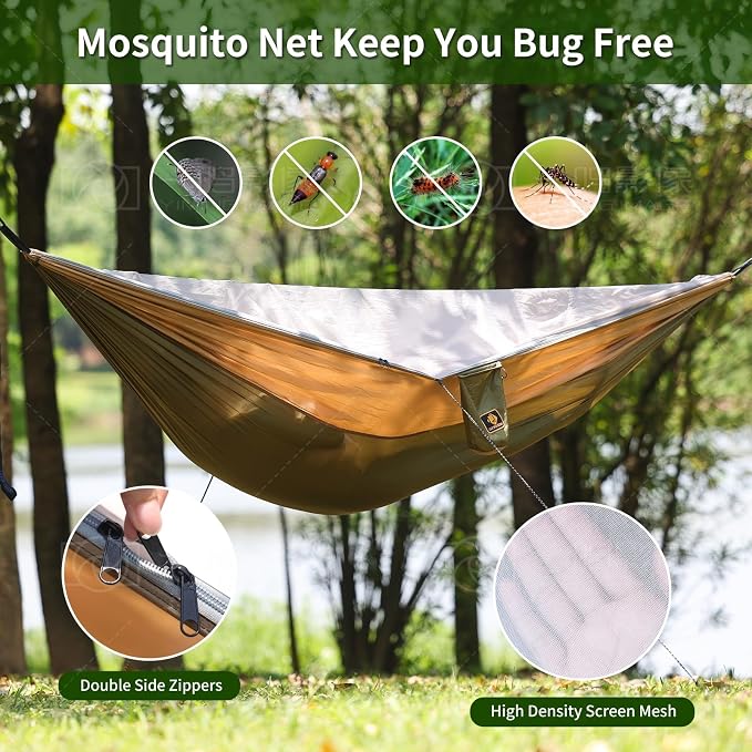 Camping Hammock with Mosquito Net,Lightweight 210T Nylon Hammocks,Portable Hammock with 10ft Tree Straps,Camping Gear Must Haves for Travel Hiking Backpacking Beach Patio-Green&Khaki