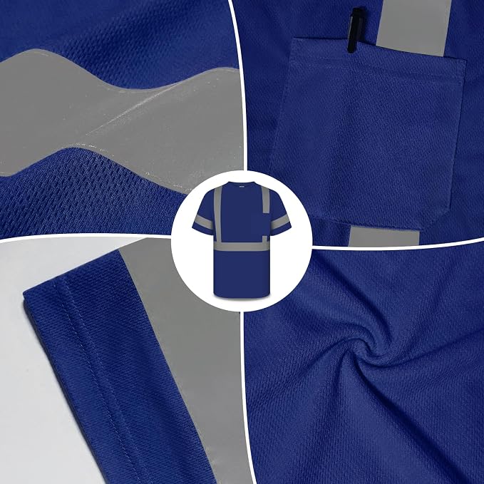 TCCFCCT Hi Vis Class 3 High Visibility Shirt for Men With Pocket, Short Sleeve Construction Work With Reflective Strips, Durable, Breathable, DC-Blue XXL