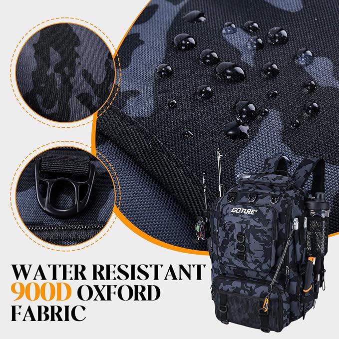 Goture 40L Fishing Tackle Backpack with Cooler and 2 3600 fishing tackle boxes, 900D Water-Resistant Tackle Backpack with Removable Bait Binder, 2 Rod Holders and Rain Cover,Camouflage backpack