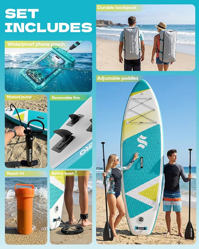 SOLAVERO Stand Up Paddle Board, 11‘ Inflatable SUP Supports 500LB - Wide Stable Board with Non-Slip EVA Deck for Adults & Youth of All Skill Levels