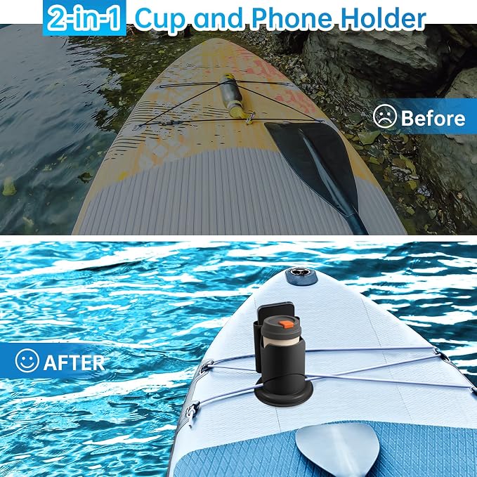 Paddle Board Cup Holder, Kayak Cup Holder 2-in-1 Drink & Phone Holder, Paddleboard and Kayak Accessories for SUP, Kayaking, Fishing, Yoga, or Surfing Adventures(Black,1Pack)
