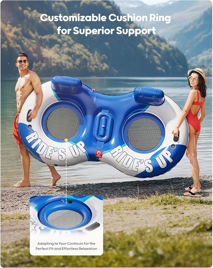 QPAU Inflatable Double River Tube, 2 Person 660lb Capacity, Puncture-Resistant 93" Sturdy Heavy Duty River Float, River Raft with Ergonomic Backrest, Cooler & Cup Holders for Family