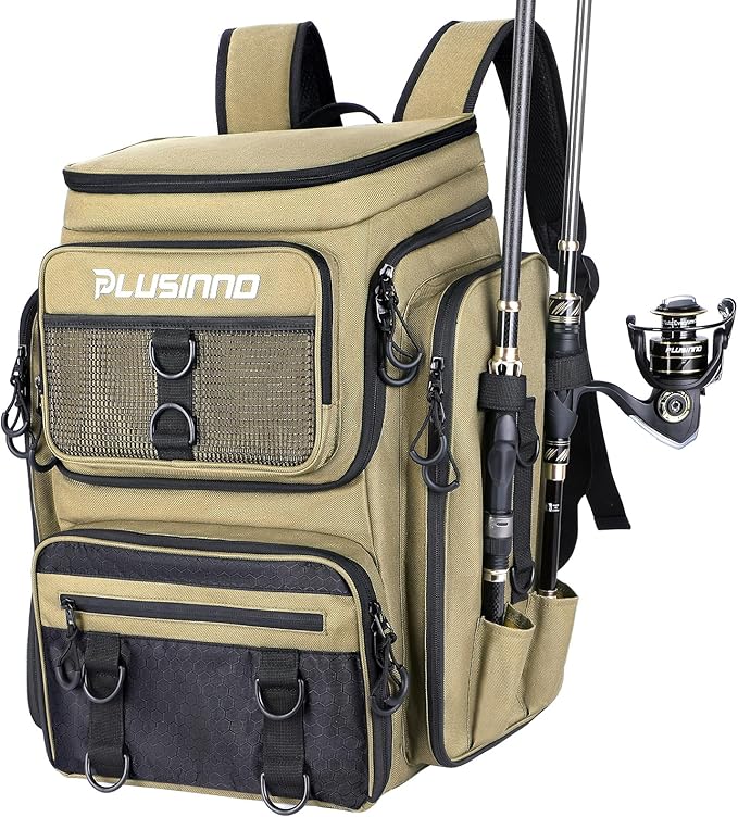 PLUSINNO Fishing Backpack with Rod Holders, 42L Large Water-Resistant Tackle Bag for Fishing, Camping, Hiking, Gifts - Khaki