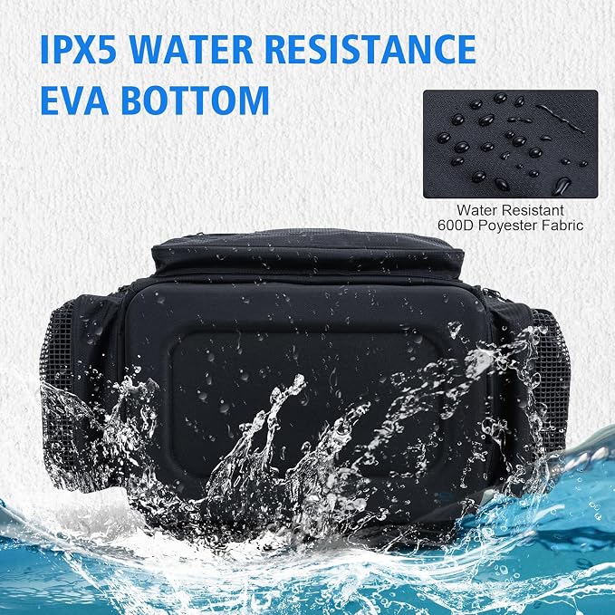 Goture Large Tackle Bag,600D Water Resistant Saltwater Fishing Gear Bag with IPX5 EVA Bottom,SBS Zippers,Store Up to 6PCS 3700 Plus 3PCS 3600 Tackle Trays(Not Included),Fishing Gifts for Men-Black