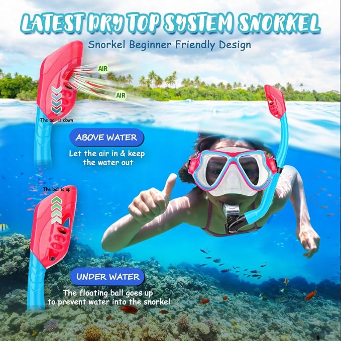 Snorkeling Gear for Kids, 4 in 1 Child Mask Fins Snorkel Set with Panoramic View Anti Fog Mask, Dry Top Snorkel, Trek Fins and Travel Bag, Kids Snorkeling Set with Fins for Snorkeling Swimming