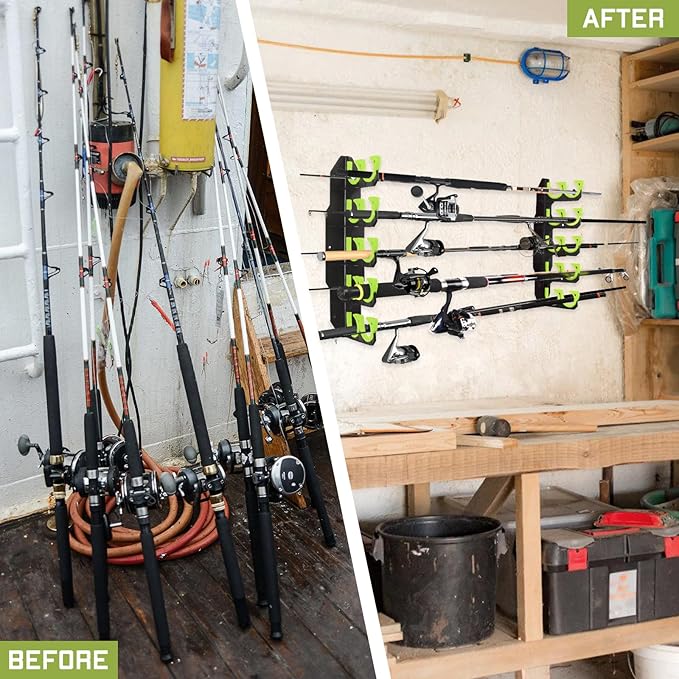 Hikeen Fishing Rod Holders, Fishing Pole Holders for Garage, Wall or Ceiling Mounted Fishing Rod Rack Holds Up to 10 Rods(2 Pack)
