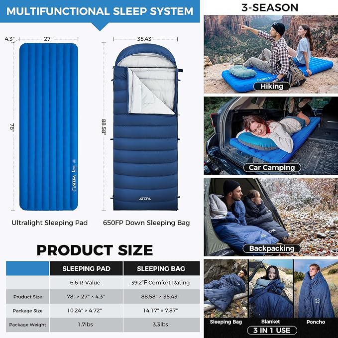 ATEPA Ultralight Backpacking Sleep System, 3 Season Camping Gear Set, Down Sleeping Bag & 6.6 R-Value Insulated Inflatable Sleeping Pad, Lightweight Packable