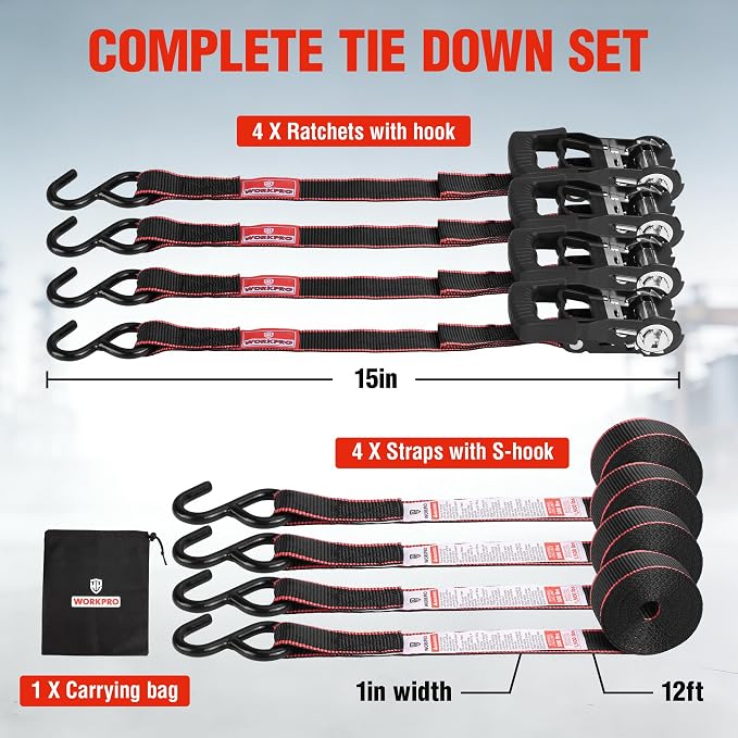 WORKPRO Ratchet Tie Down Straps, 4-Pack | 1" x 12' | 1500 lbs Break Strength Heavy Duty Ratchet Straps, Fits for Moving Appliances Motorcycle ATV Truck (Black&Red)