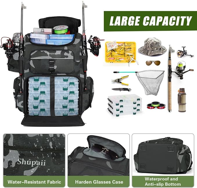 Fishing Backpack with Rod Holders, 45L Large Water-Resistant Tackle Box Backpack, Fishing Gear Gifts for Men -Camouflage