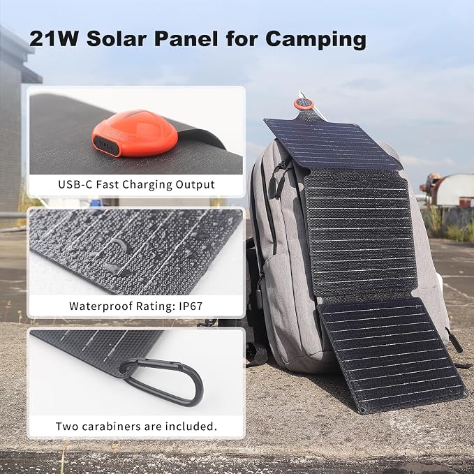 EYONGPV 21W Portable Foldable Solar Panel & Solar Charger with Croc-Eye USB-C PD Fast Charging Output, IP67 Waterproof Compact Solar Charger for Phones, Power Banks, Camping, Hiking, Backpacking