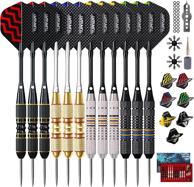 Turnart Darts Metal Tip Set - Steel Tip Darts Darts Set Professional Metal Darts 12 pcs 22/24 Grams Pro Dart Set with Stylish Case Aluminum Shafts Extra 9 Flights