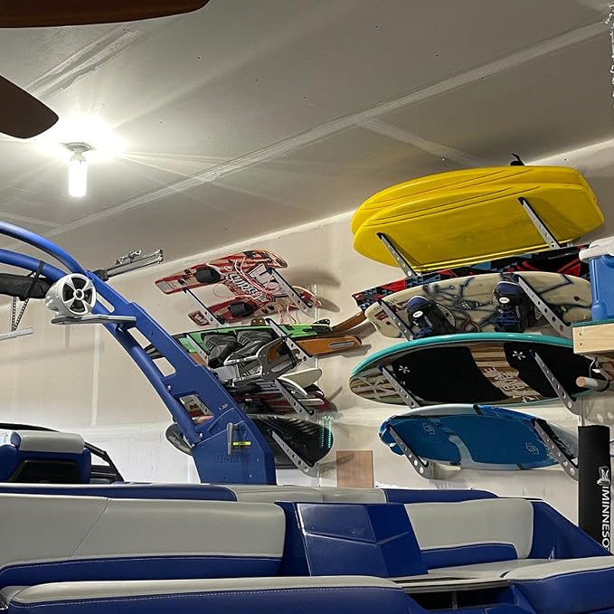 StoreYourBoard Adjustable Wakeboard Storage Rack – Wall Mount 4 Level Display, Heavy Duty Water Sports Gear Hanger for Wakeboards, Wakesurf Boards, and More, Holds up to 100 lbs
