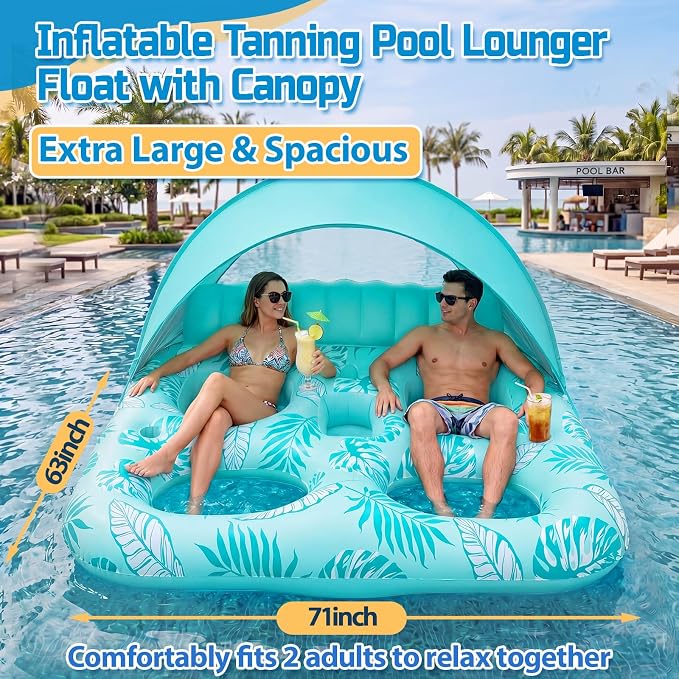 Chumia Pool Floats with Canopy for Adult, UPF50+ 1-2-3 Person Inflatable Floats with Sun Shade Backrest Footrest and Cup Holder Heavy Duty for Pool Lake River Beach Ocean Summer Party Supply