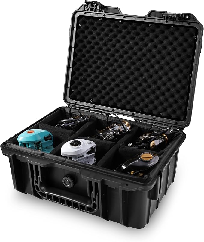 Fishing Reels Storage Case 13 Inches,Heavy Duty Waterproof Fishing Wheel Protective Hard Case, Tackle Collection Holder Box, 6pcs Adjustable Shockproof Dividers (Black)