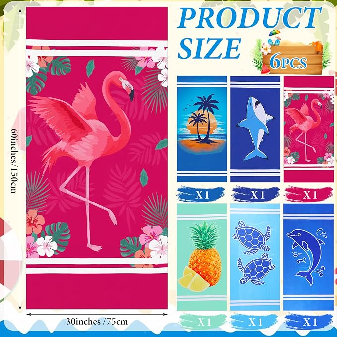 Mindsoft 6 Pcs 30"x 60" Beach Towel Yoga Towel Quick Dry Soft Microfiber Sand Free Oversized Lightweight Cute Beach Towels Bulk for Bath Camping Travel Pool Party Teacher Appreciation Gift