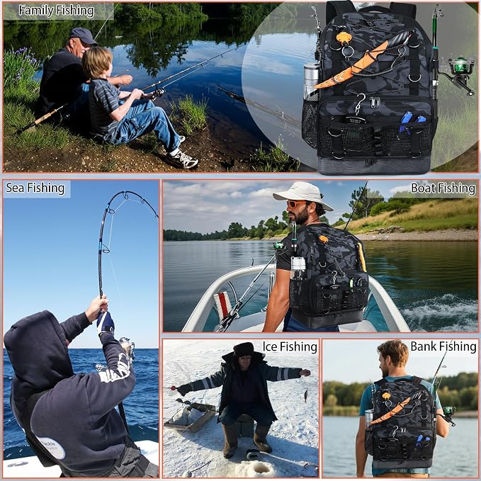 Fishing Backpack with Tackle Boxes and Rod Holder, Cooler, 30L Large Tackle Bag with Fishing Gear Lures Kit, Waterproof Bottom tackle Backpack Fish Set Gifts for Men Women-Camo Back Pack