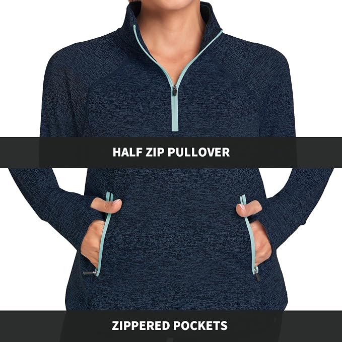 Soneven Women's Thermal Fleece Running Shirts Warm Winter Pullover Cold Weather Workout Hiking Tops with Thumb Holes Pockets