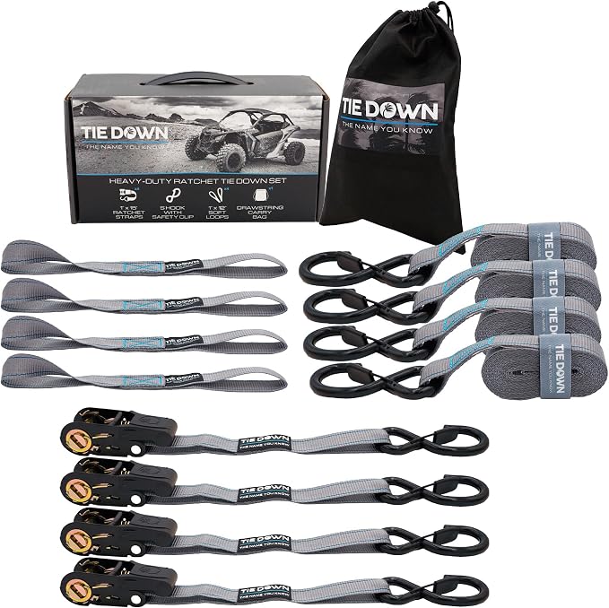Tie Down 1 inch x 15 ft Grey Ratchet Strap, 4-Pack Kit - 2200 lbs. Breaking Load Limit