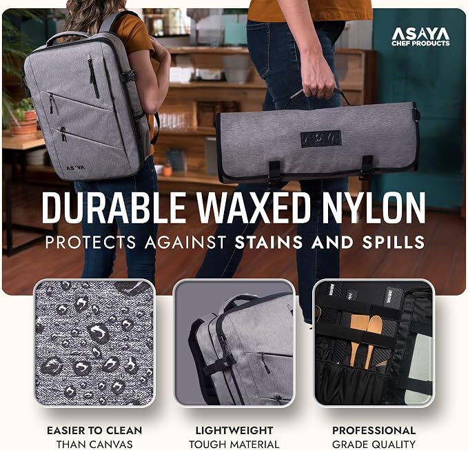 Asaya Chef Knife Backpack with 20-Pocket Knife Roll Bag - Over 30 Storage Pockets Chef Bag, Professional Backpack for Chefs and Culinary Students – Knives Not Included (Grey)