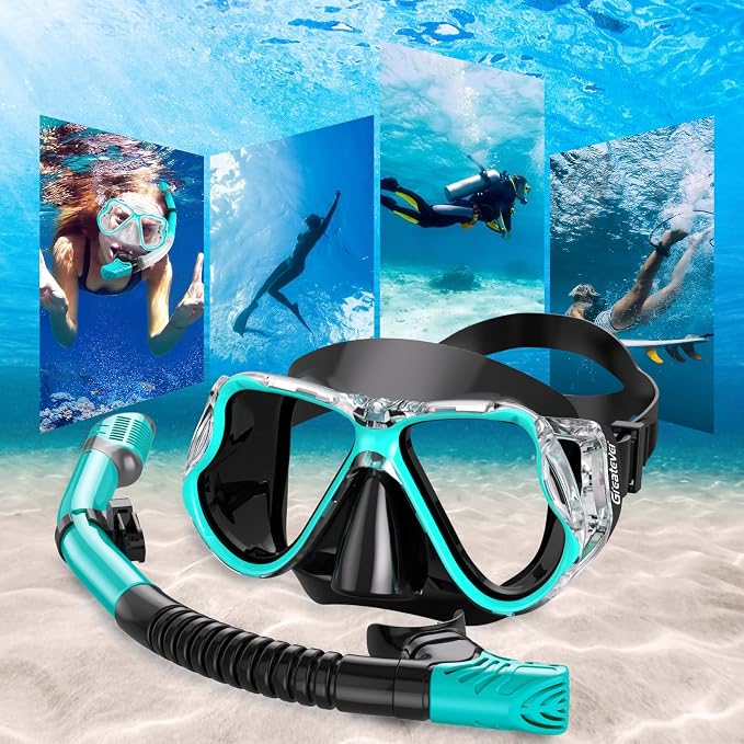 Greatever Dry Snorkel Set,Panoramic Wide View Anti-Fog Scuba Diving Mask,Professional Snorkeling Gear for Adults Kids