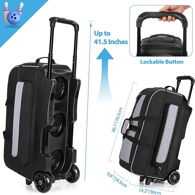 GOBUROS 3 Ball Roller Bowling Bag with Multi Accessory Pockets and Shoes Compartment, Fits 2 Pairs of Size 16 Shoes, 3 Ball Bowling Bags with Large Wheels and Retractable Handle Extends to 41.5"