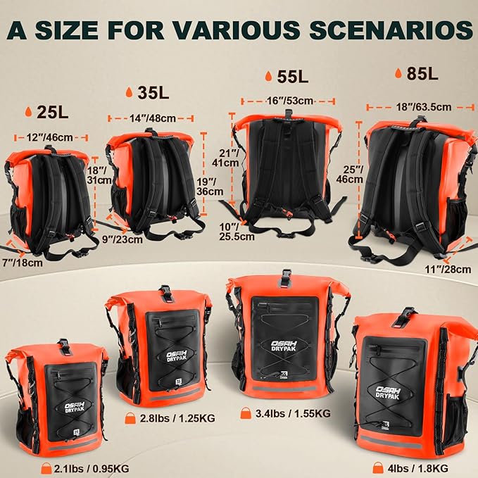 OSAH DRYPAK Waterproof Backpack Dry Bag 35L/55L/85L– Heavy Duty Roll-Top Hiking Backpack Sack Keeps Gear Dry for Travel, Kayaking, Boating, Camping, Rafting and Fishing