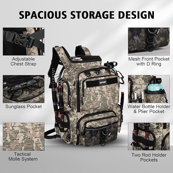 Goture Fishing Backpack,900D Water-Resistant Tackle Backpack with Rod Holders, SBS Zippers,45L Large Fishing Bag Storage Gear Tackle Bag with Rain Cover, Bottle Holder for Travel Camping Hiking