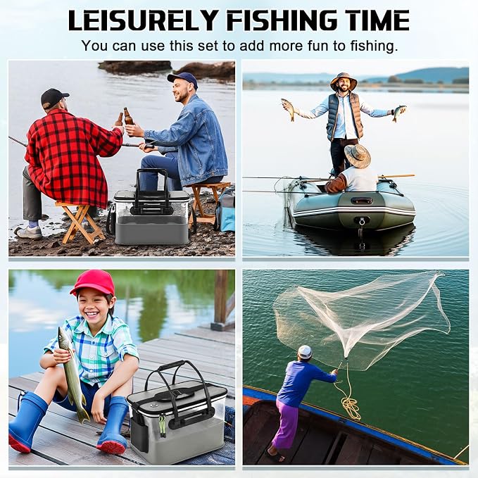 3 Pcs Fishing Bucket, Live Bait Aerator and Fishing Cast Net with Heavy Duty Sinker Foldable Live Bait Bucket Portable Quiet Aerator Fish Transport Container Outdoor EVA Bag