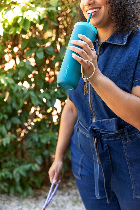 LifeStraw Go Series — Insulated Stainless Steel Water Filter Tumbler, 18oz, Aegan Sea, Removes Bacteria, Parasites, Microplastics, Improves Taste