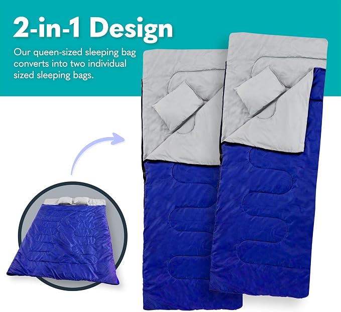Sleepingo Double Sleeping Bags for Adults Backpacking, Camping, or Hiking - Waterproof Queen Sleeping Bags for Adults or Teens - Truck, Tent, Sleeping Pad