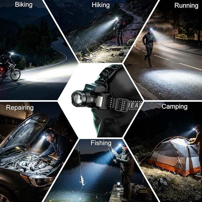 SKYFIRE Rechargeable Headlamp 3000 Lumens, Super Bright LED with Motion Sensor & COB Side Lights, 6 Modes, Zoomable, IPX6 Waterproof, 90° Adjustable Headlight for Camping, Hiking