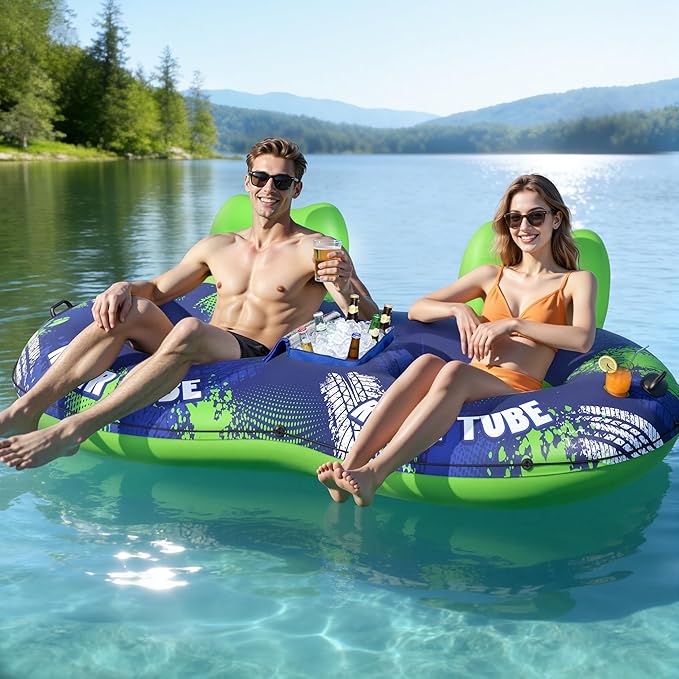 JOSEN Inflatable River Tube Float - 2 Person Heavy Duty River Float, Pool Floats Adult, Lake River Floats Water Tubes for Floating with Removable Cooler & Cupholders for Summer Relaxation