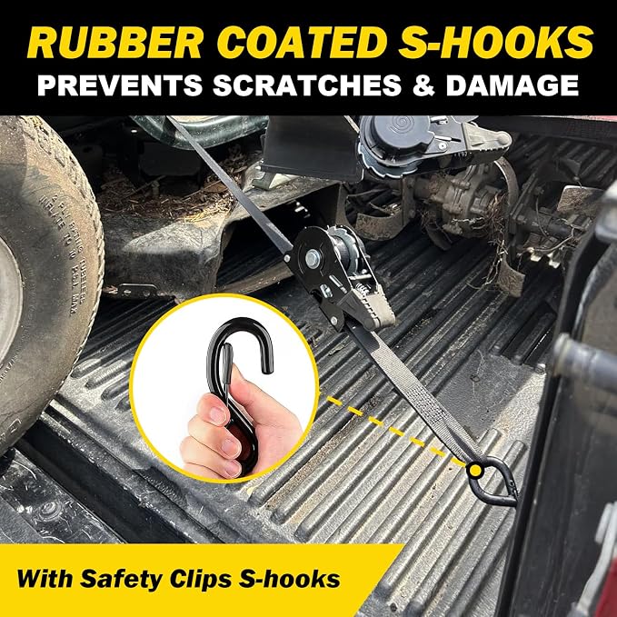 Retractable Ratchet Strap Heavy Duty 2 Pack 10 FT 1800 LB Break Strength Ratchet Tie Down with Safety Lock S Hooks and Soft Loop Tie Down,Easy Retract for Motorcycle,Truck Securing Cargo,Car.