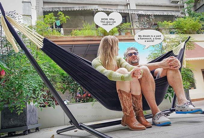 GOCAN Double Hammock 2 Person Extra Large 330X150cm Load Capacity 600Pound Canvas Cotton Hammock for Patio Porch Garden Backyard Lounging Outdoor and Indoor XXL(Black)