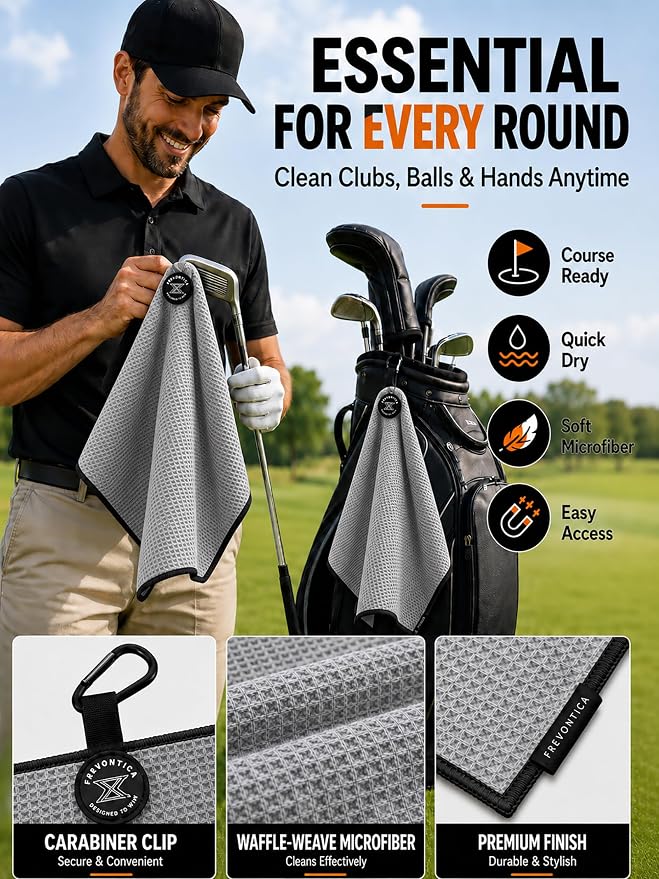 Magnetic Golf Towel with Cleaning Pocket, 24"x16" Ultra-Absorbent Waffle Microfiber Golf Towel with Magnet & Clip for Golf Bag, Carts and Clubs, Golf Accessories Gift for Men Women Golfers