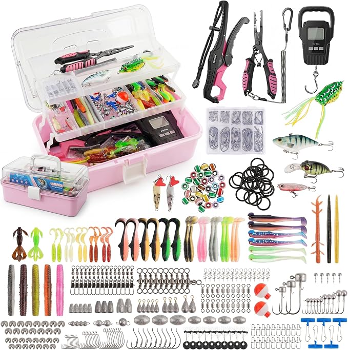 Fishing Lures Kit, 421PCS Tackle Box-(Pink) | Included Fishing Pliers, Hooks, Soft Baits, Weights,Accessories - Complete Freshwater Bass Fishing Gear Kit for Men with Gift