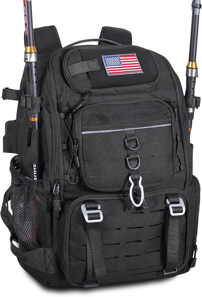 Bagenerous 39L Fishing Tackle Backpack with Rod Holders & Cooler,Water-resistant Fishing Gear Storage Bag with Protective Rain Cover,Black