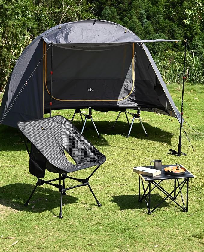 iClimb Ultralight Compact Camping Folding Beach Chair with Anti-Sinking Large Feet and Back Support Webbing (Black Grid - Square Frame - 2PC)