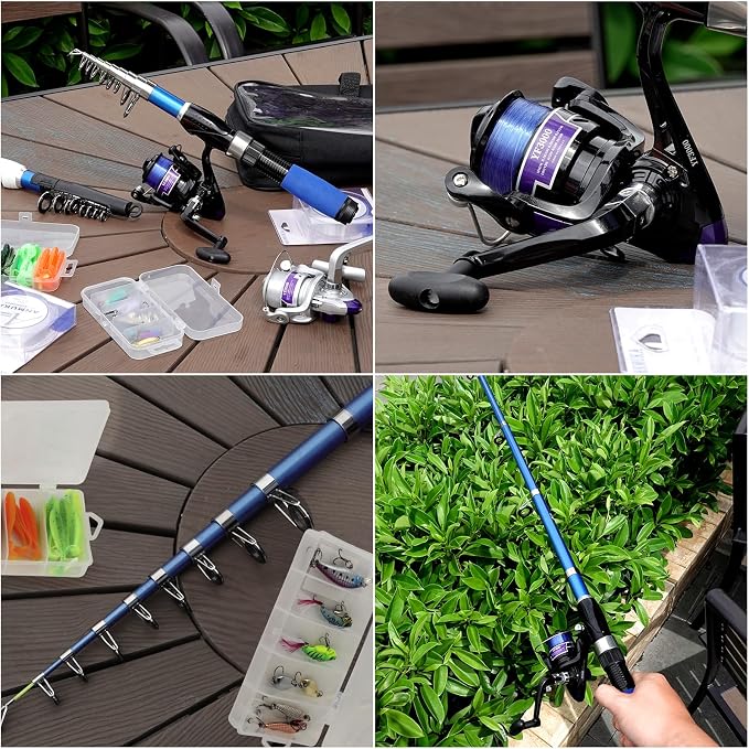 Collapsible Fishing Rod Set, 2.1m/6.89ft w/ 2 Spinning Reels, 2 Sets Lures, 100m Line, Carrier Bag - Fresh & Saltwater