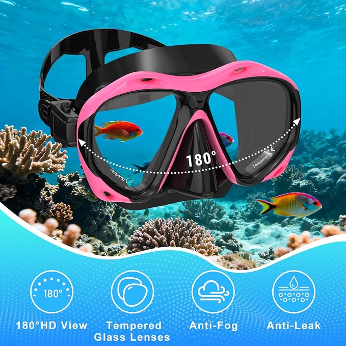 Snorkeling Gear for Adults, Mask Fin Snorkel Set, Dry Top Snorkel Mask, Panoramic View Anti-Leak Anti-Fog 3 in 1 Snorkeling Kit Travel Diving Package with Storage Bag