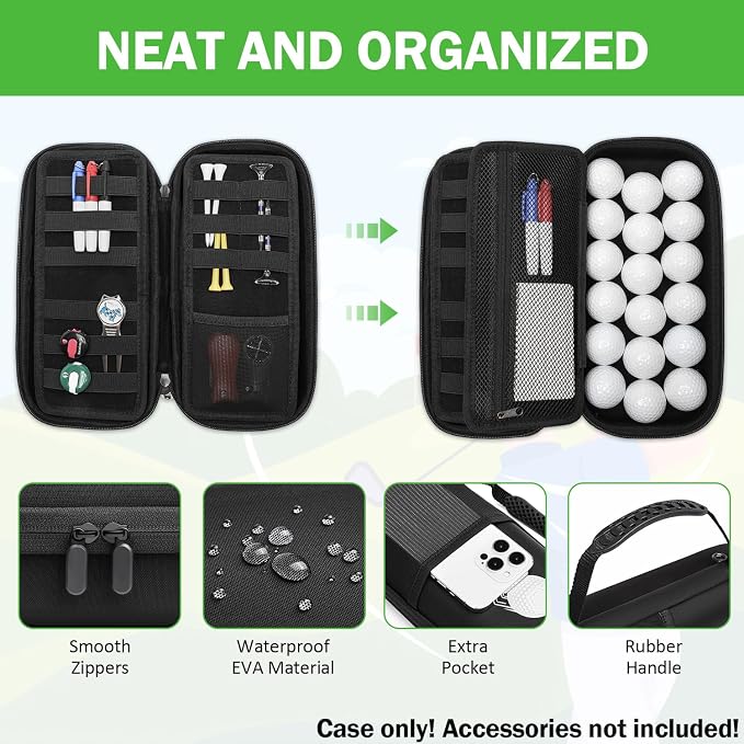 Golf Glove Holder Case with Glove Shaper - Protective Hard Shell Golf Accessories Case Bag with 2 Dividers Fits Balls, Tees, Markers - Ideal Gift