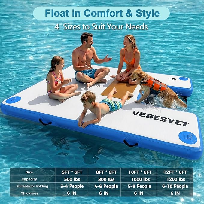 Inflatable Dock with Water Ramp, 6 inch Thick Non-Slip Inflatable Floating Dock for Dogs & Adults, Durable Drop-Stitch Floating Dock Platform for Lake, Ocean, Swimming & Fishing
