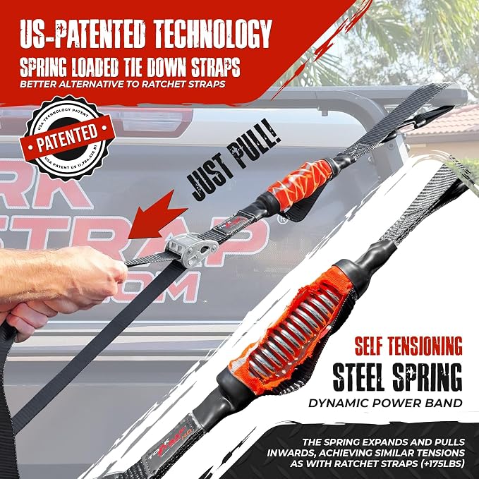 TorkStrap 14' x 1.5'' Self Tensioning Tie Down Straps [Patented] - Automatically Adapt to Load Shifts - 2,250LB Break Strength - Pull Alternative to Ratchet Straps - Integrated Soft Loop & Hook (8-PK)