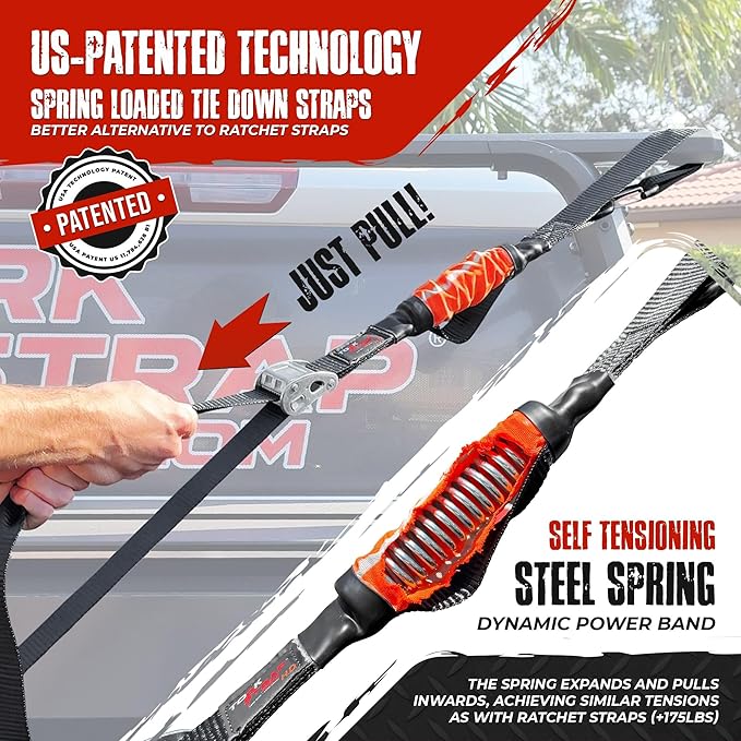 TorkStrap 14' x 1.5'' Self Tensioning Tie Down Straps [Patented] - Automatically Adapt to Load Shifts - 2,250LB Break Strength - Pull Alternative to Ratchet Straps - Integrated Soft Loop & Hook (4-PK)
